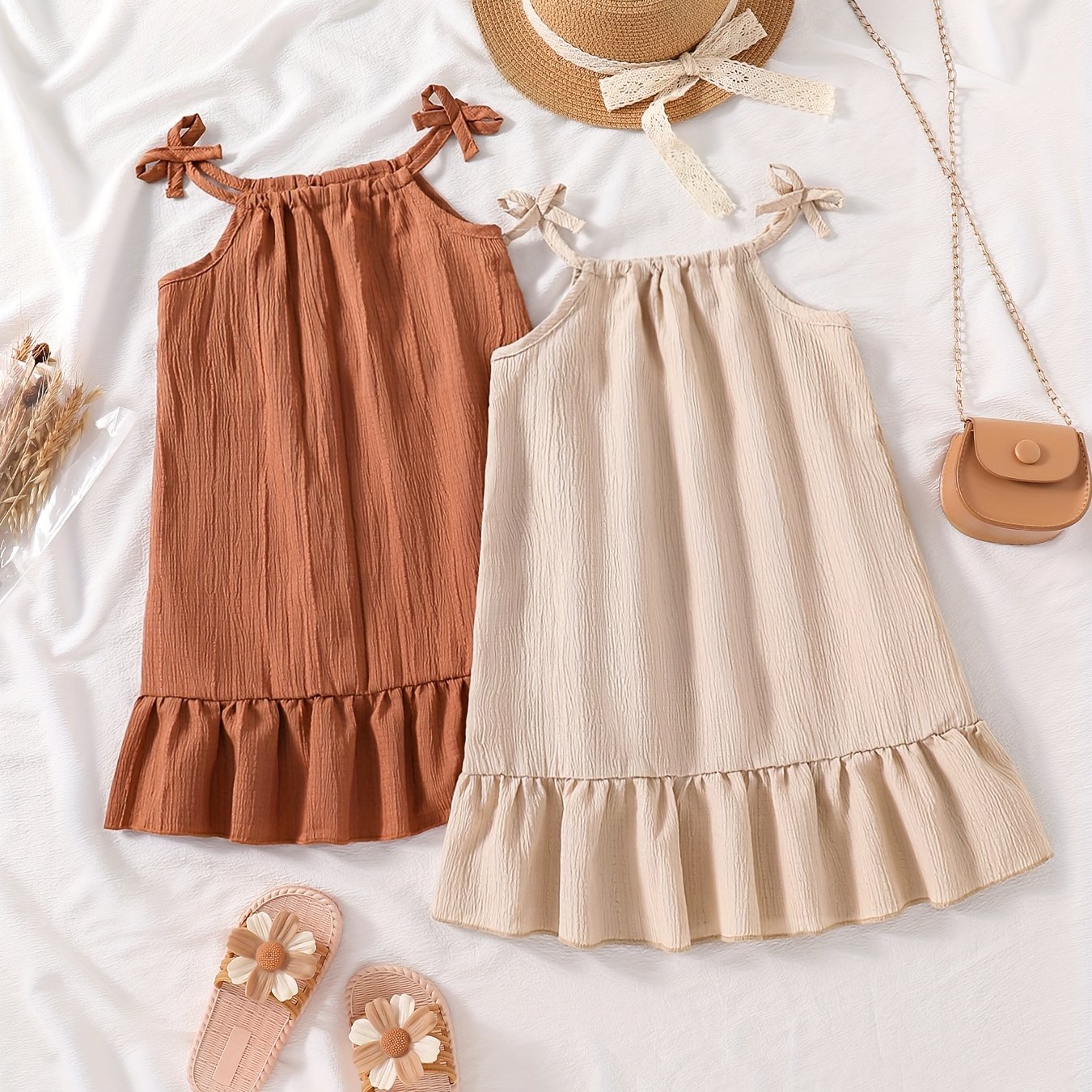 Girls' Summer Princess Dresses Set 2 Breathable Polyester Sleeveless Ruffle Hem for Parties Beach