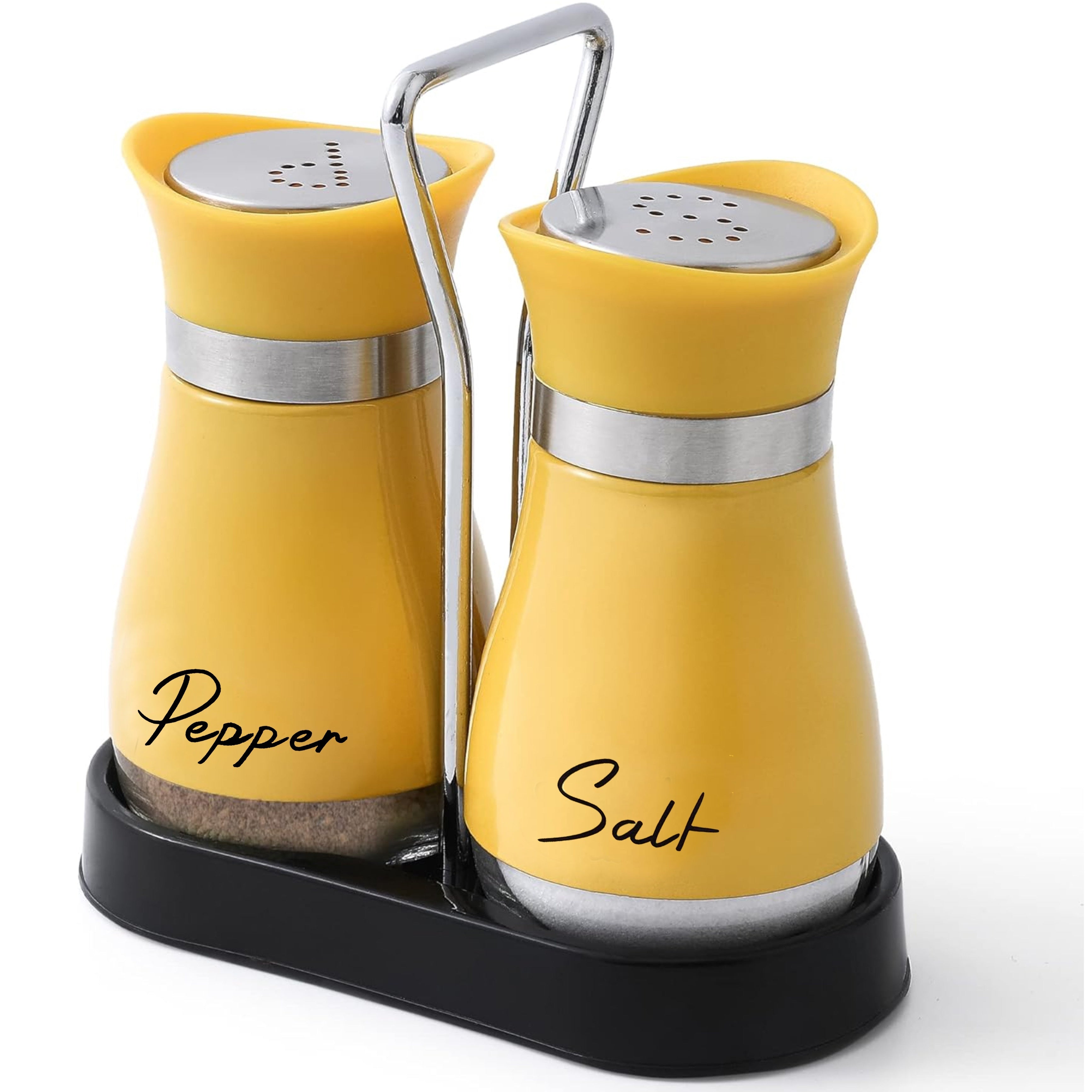 Set of 2 Glass Salt and Pepper Shakers with Holder, 4 oz Refillable Stainless Steel Lids