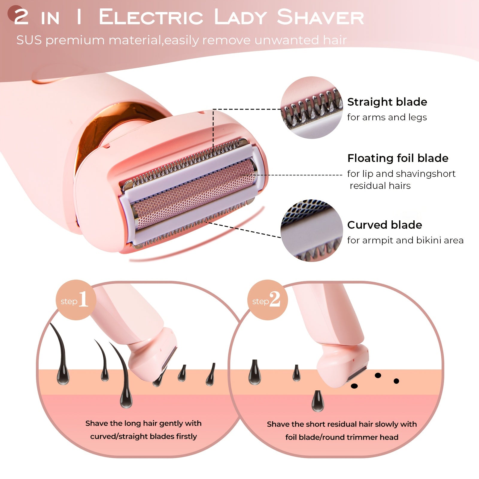 Electric shaver for women IPX7 portable bikini hair removal device for body parts sleek stainless steel blade