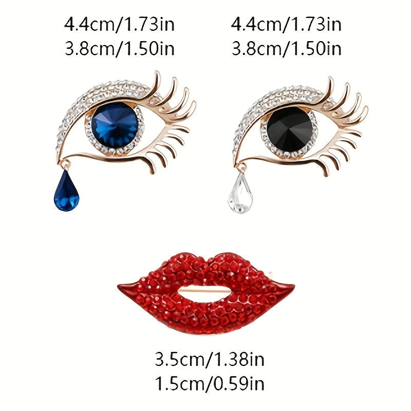 Set of 3 Abstract Blue Tears Eyes and Red Lips Brooches for Women Accessories