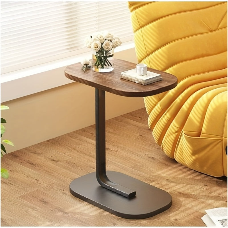 Hardwood Sofa End Table with Metal Base C-Shaped TV Tray for Living Room Bedroom