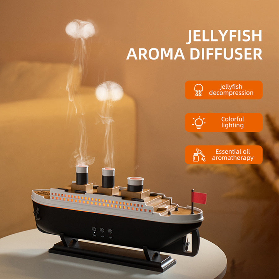Luxury Cruise Ship Aroma Diffuser with 7-Color Night Light and Jellyfish Spray