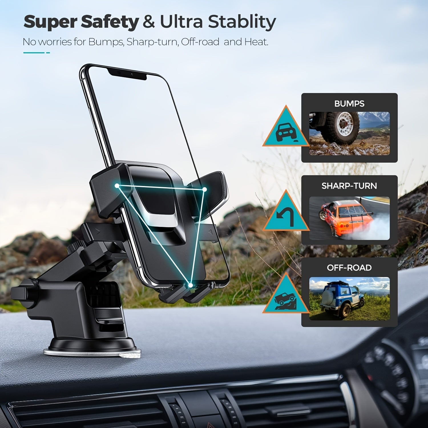 Yuvilishi mumkin bo'lgan yopishqoq bilan jihozlangan avtomobil telefon o'rnatgich, barcha smartfonlarga mos keladi, buriladigan