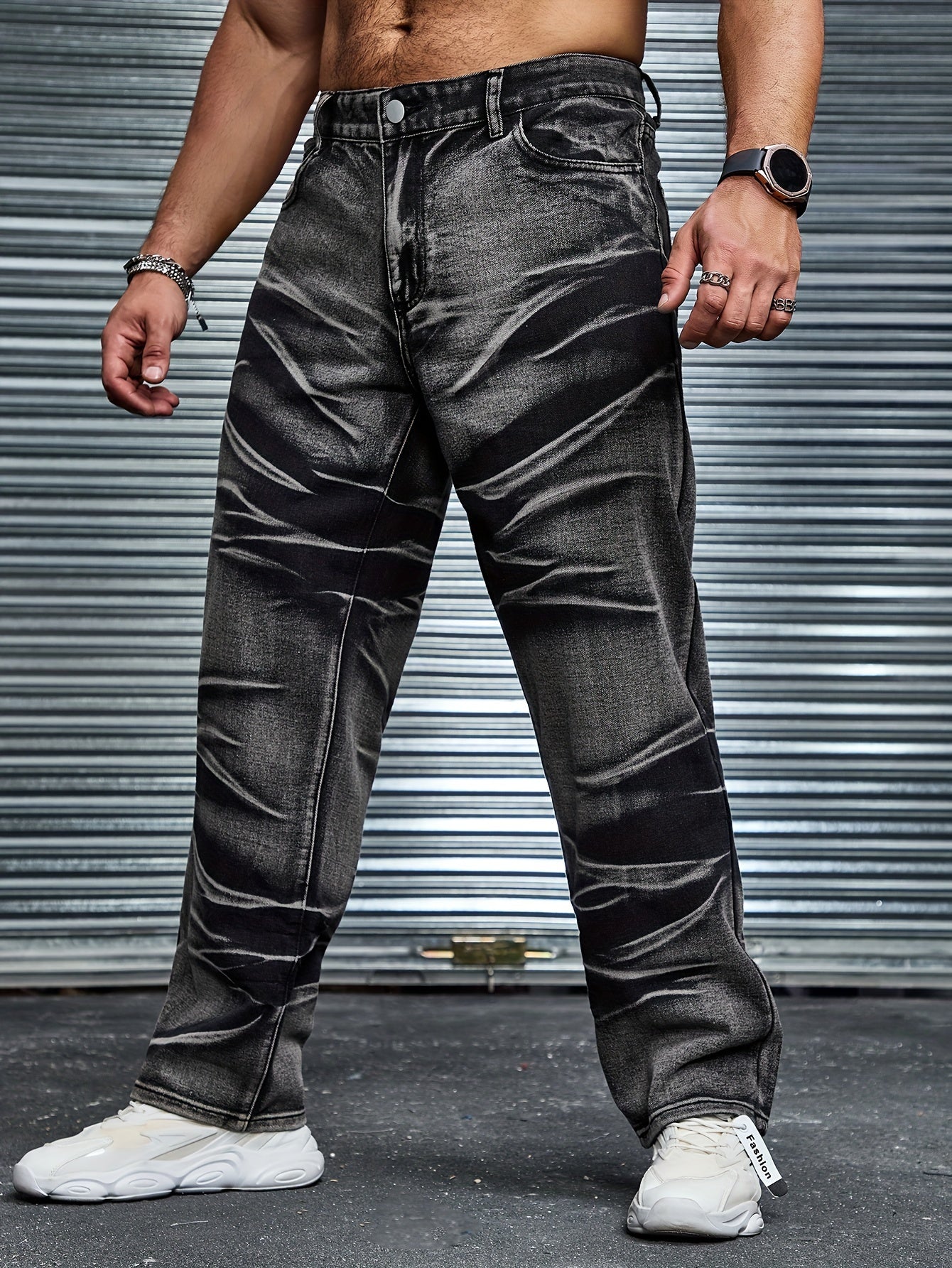 Men's Plus Size Tie Dye Denim Pants with Pockets Casual Cotton Blend Straight Leg