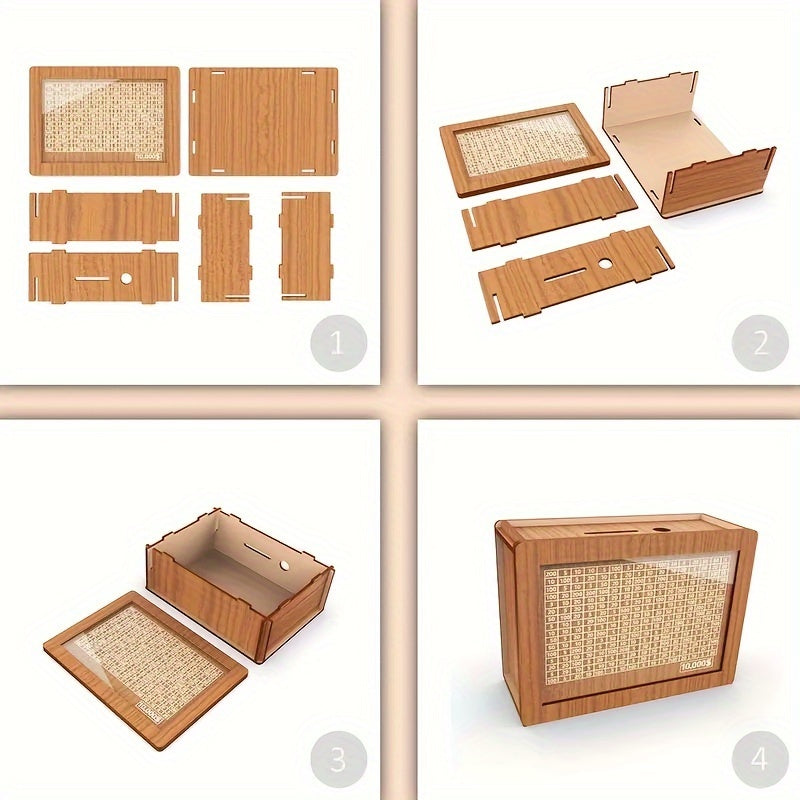 Yuvilishi mumkin bo'lgan hisoblagichga ega yog'och penny bank uy dekoriga joziba qo'shadi va yoshlar uchun tejash qutisi sifatida xizmat qiladi.