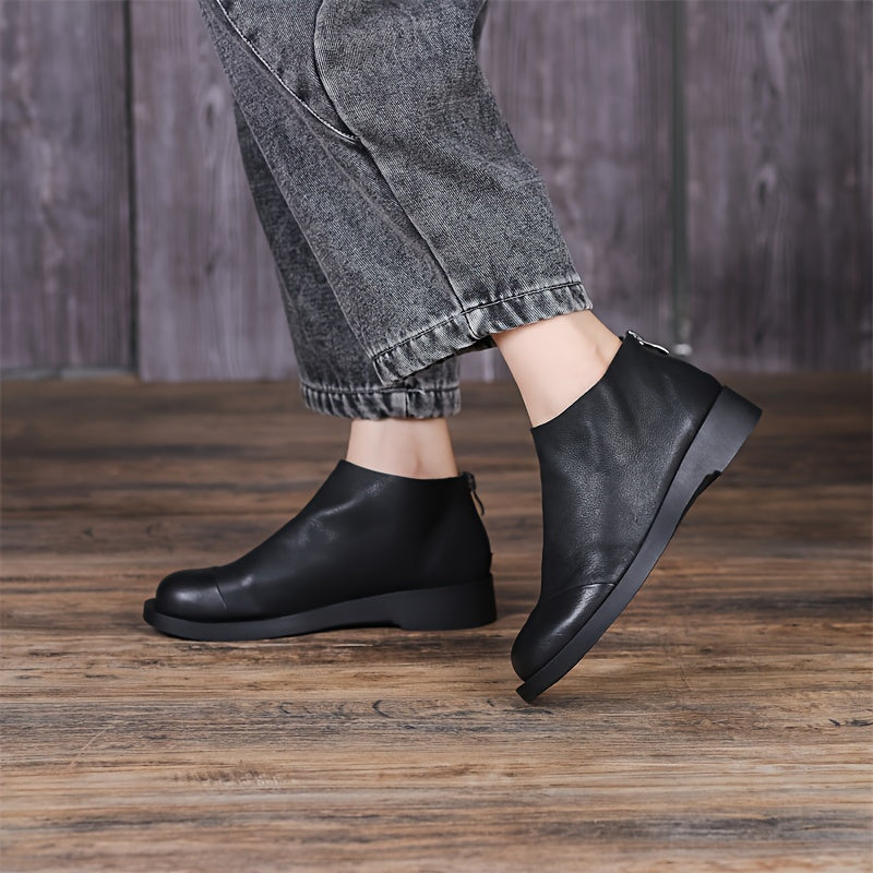 Women's Faux Leather Round Toe Zipper Short Boots with Low Heel and Ankle Support