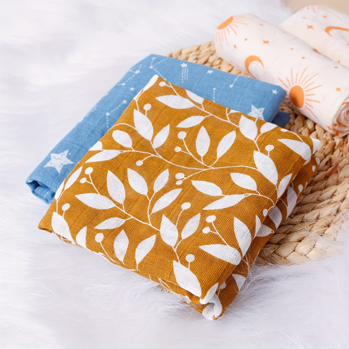 Set of 5 Baby Muslin Bibs and Burp Cloths Orange Rainbow Moon Print