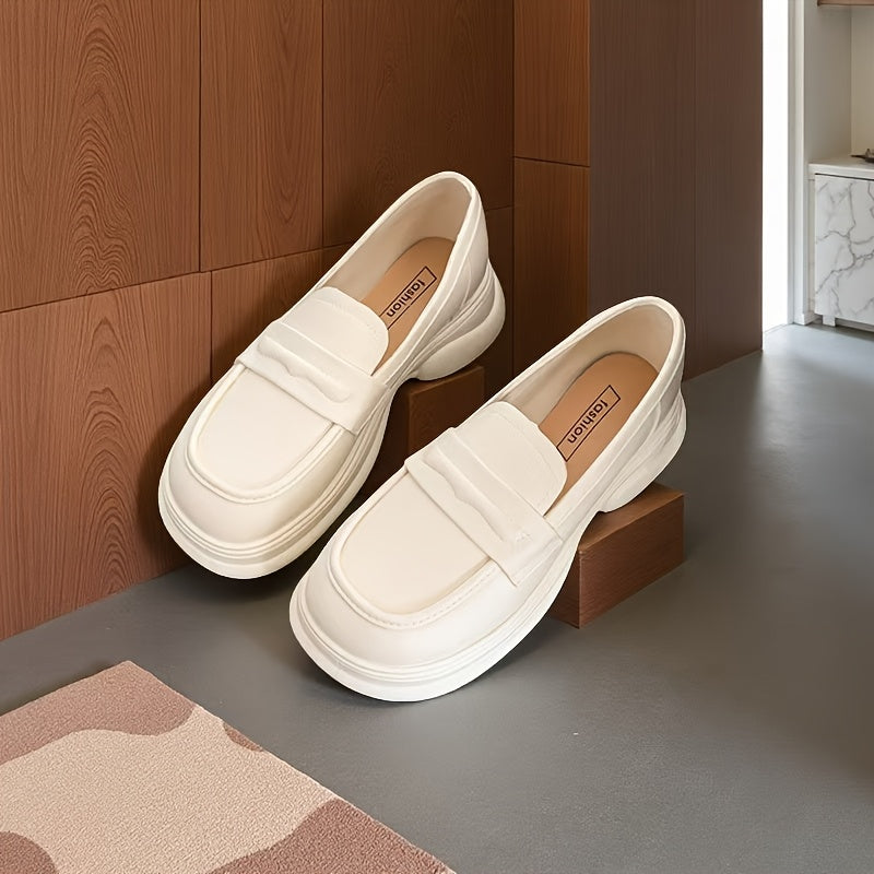 Women's White Platform Loafers Casual Slip-On Flats Spring Retro Shoes