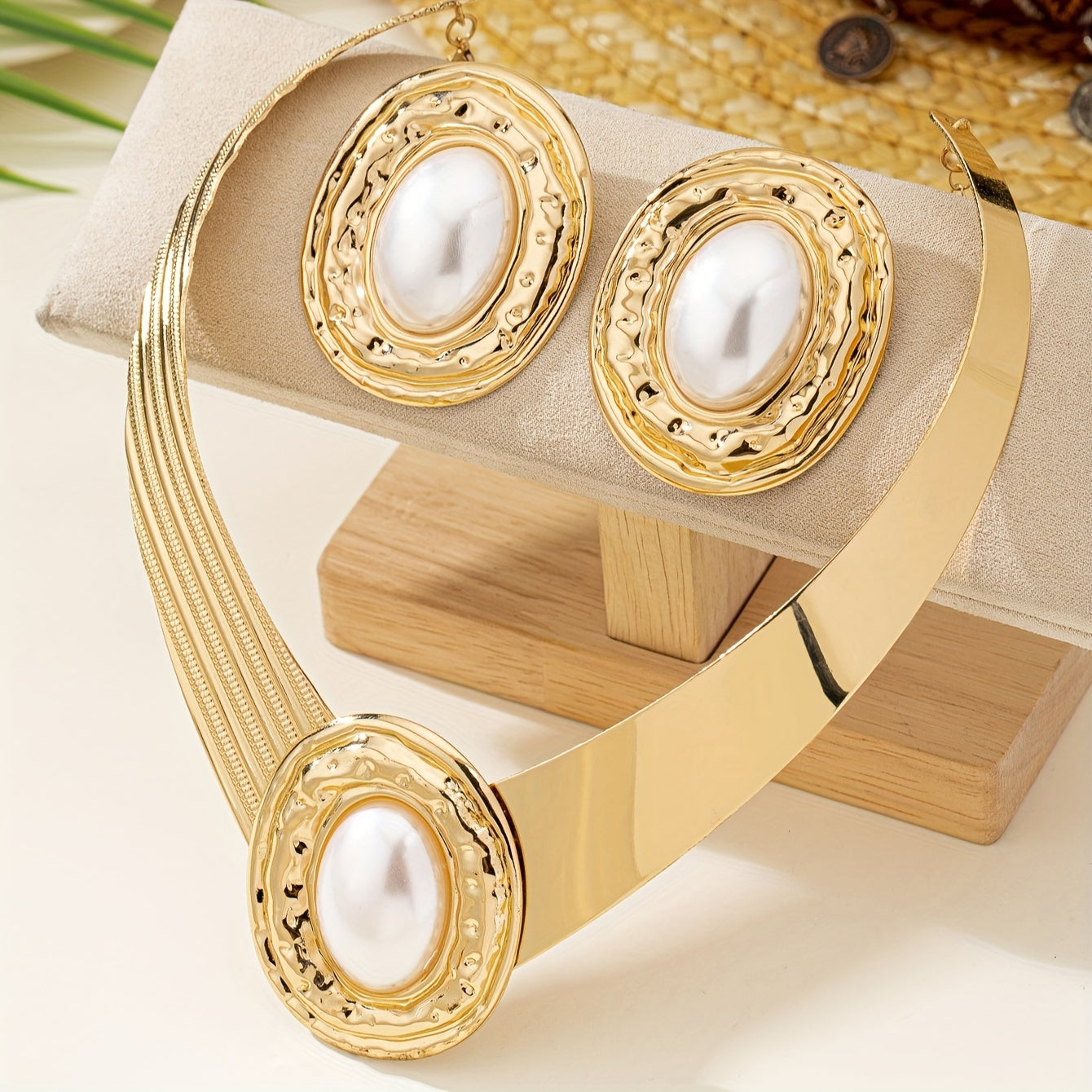 Gold Pearl Jewelry Set for Women Necklace and Earrings Elegant Gift