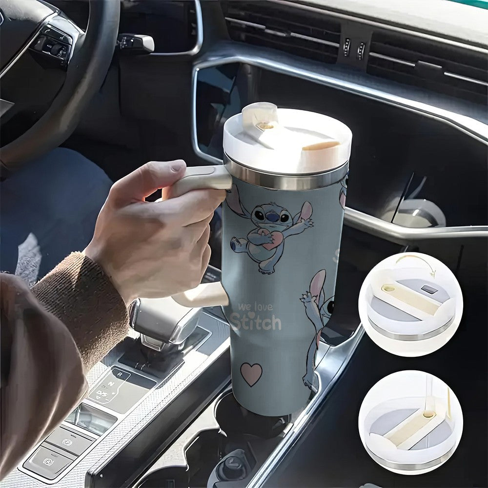 Disney Stitch 40oz zanglamas po'latdan yasalgan suv shishasi, qopqoq va solgich bilan, oqimga chidamli, ikki devorli vakuum izolyatsiyalangan, katta sig'imli, sayohat uchun mukammal.