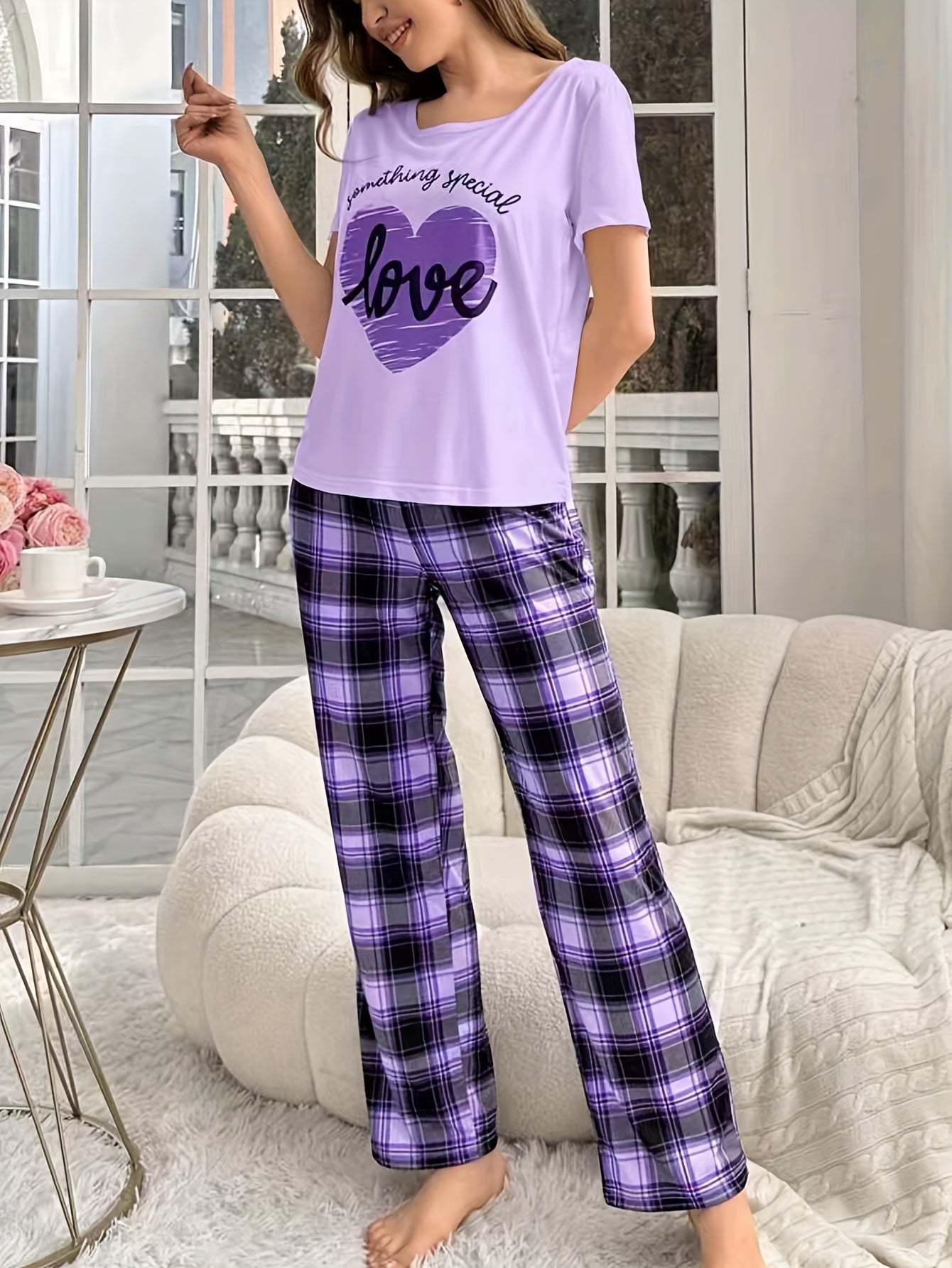 Women's Casual Heart Letter Print Pajama Set Short Sleeve Top Plaid Pants