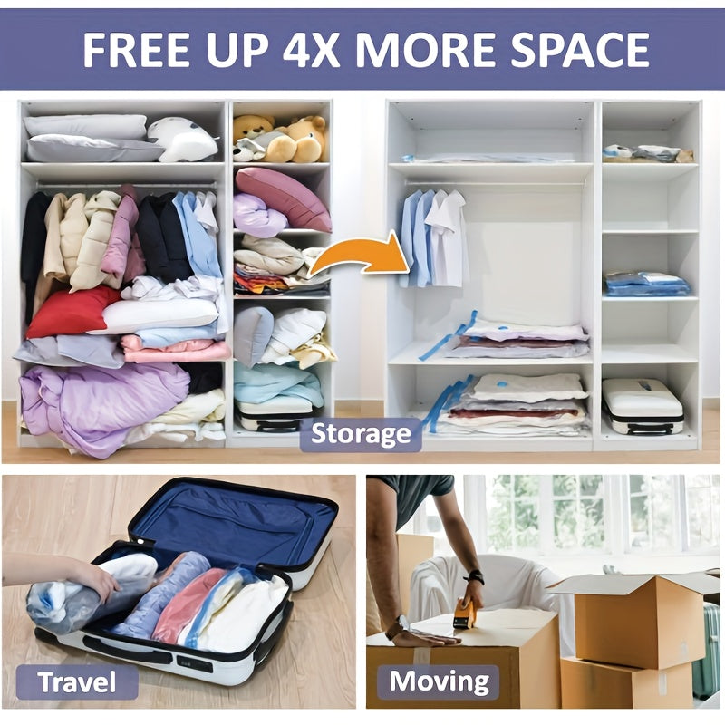 25 ta vakuum siqish saqlash sumkasi to'plami, kiyimlar, ko'rpa, ko'ylaklar uchun havo o'tkazmaydigan saqlashni ta'minlaydi. Yotoqxonalarda, shkaflarda, kiyimlar uchun joylarda, yotoqxonalarda va sayohat uchun ideal. Joyni tejash uchun ajoyib tashkilotchi.