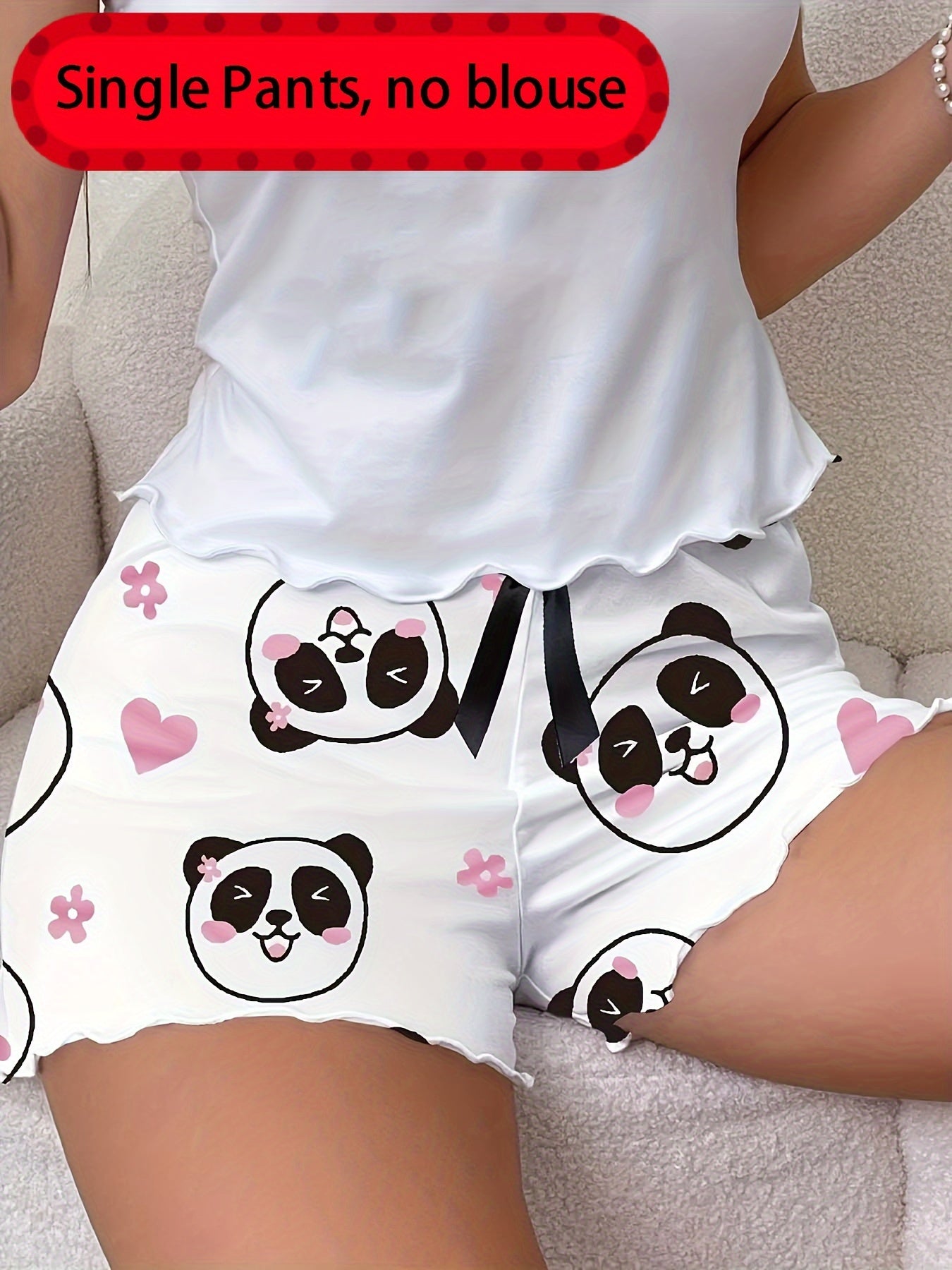 Women's Sleep Shorts with Panda Print Frill Trim Elastic Waist Casual Loungewear