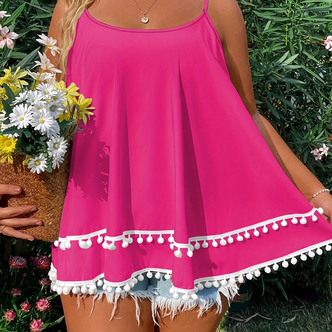 Plus Size Blue Spaghetti Strap Tank Top with Pom Pom Lace Trim Summer Dream