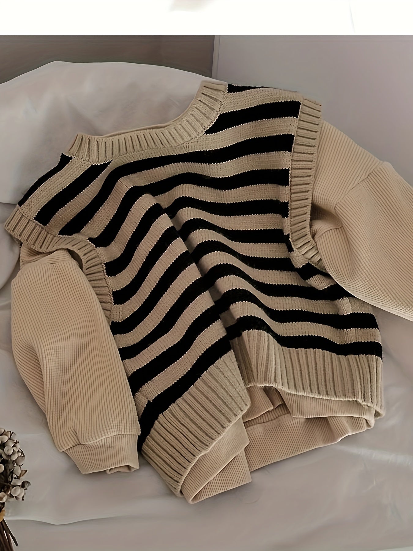 Children's Striped Knit Pullover Crew Neck Polyester Blend Medium Stretch Spring Fall