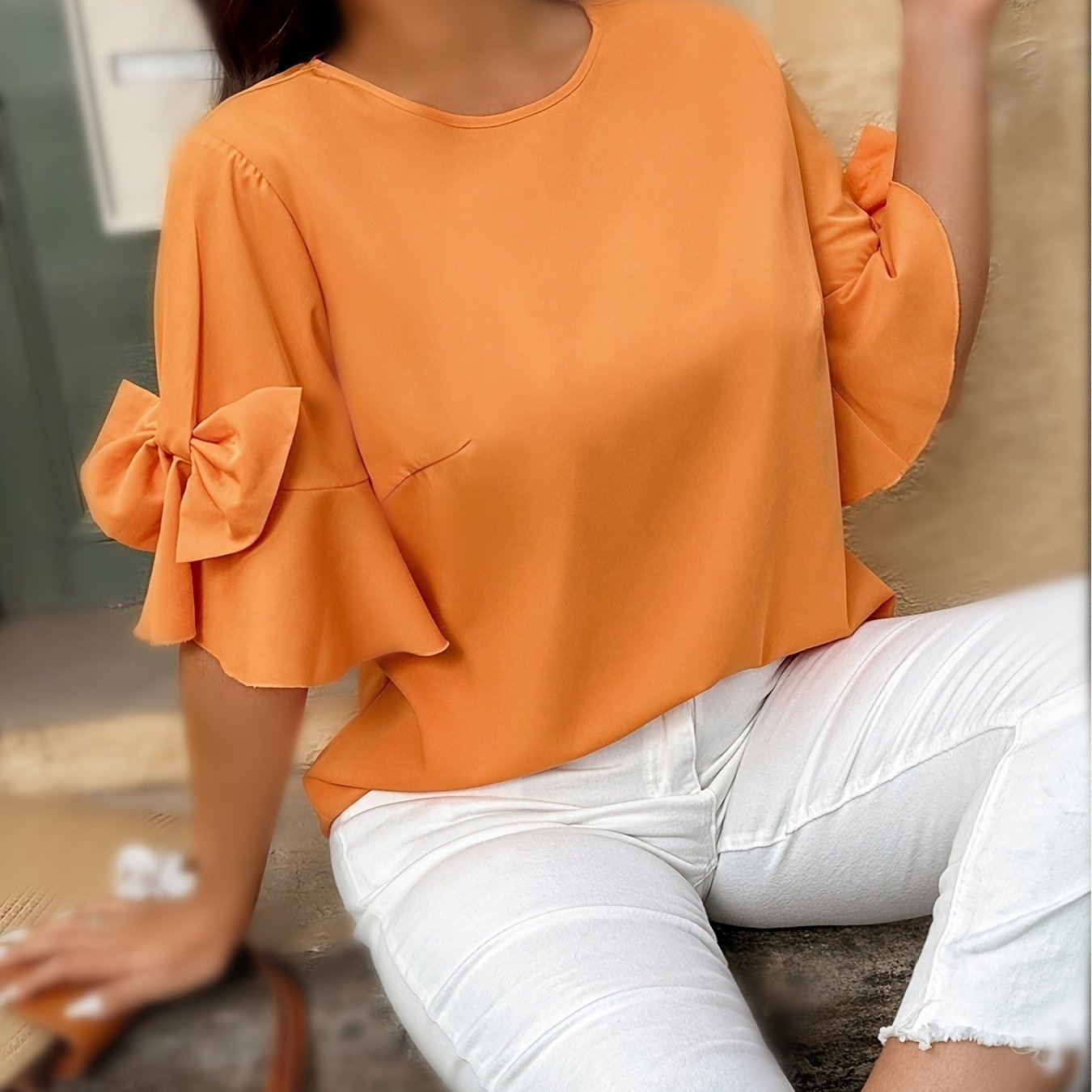 Женская блузка оранжевого цвета с рюшами на рукавах, повседневная летняя топ-майка