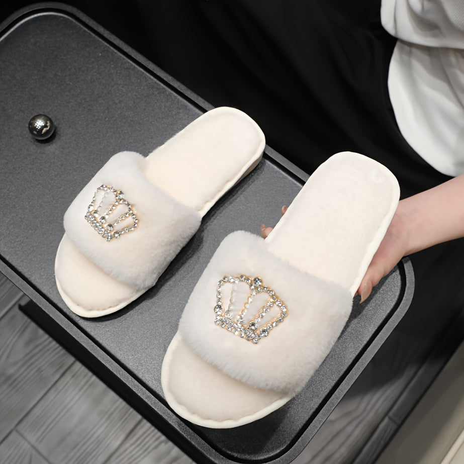 Women's Fuzzy Slippers Rhinestone Crown Indoor Non-slip Cozy Shoes