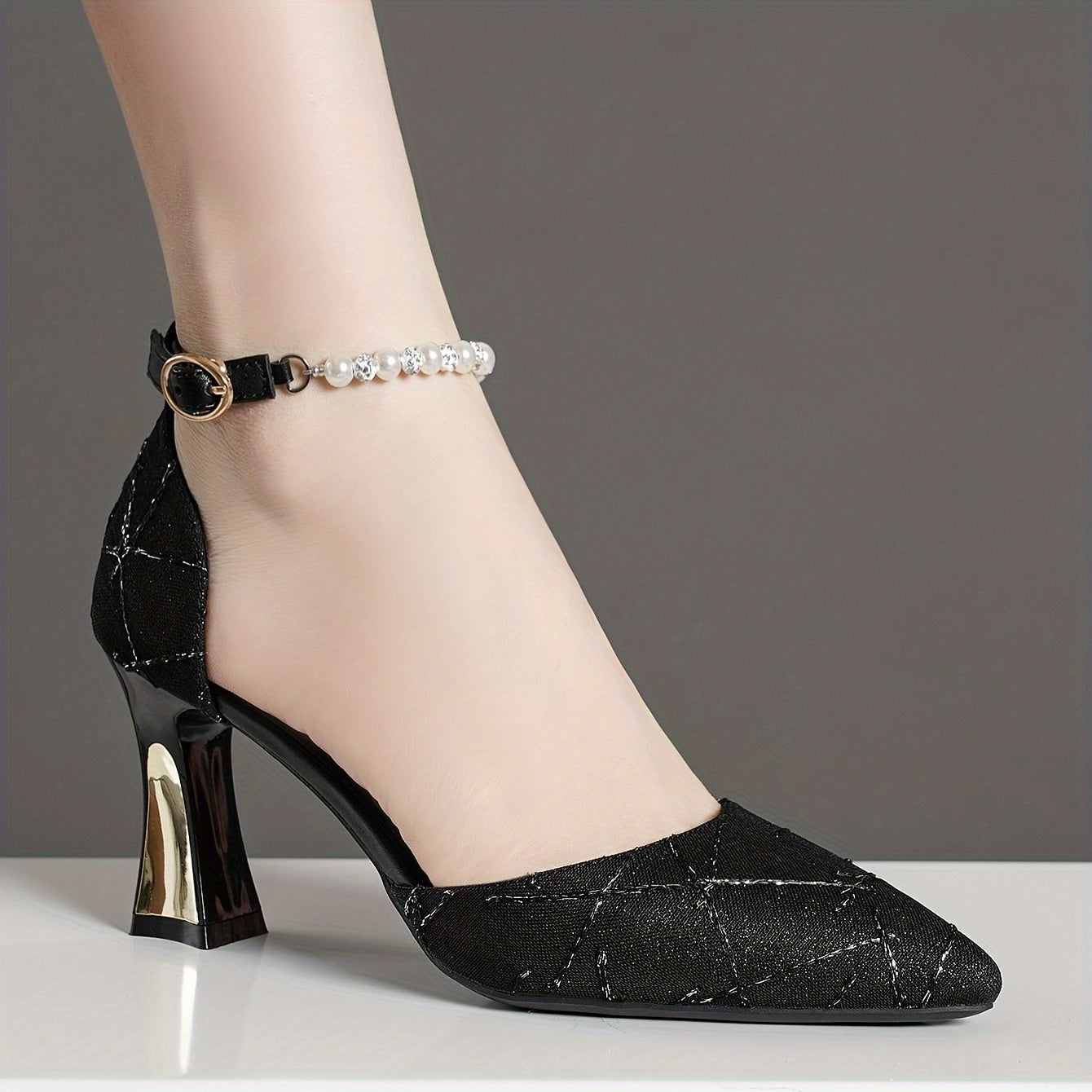 Faux Pearl Embellished High Heels with Pointed Toe and Buckle Strap