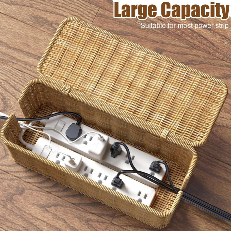 Hand-Woven Imitation Rattan Cable Management Box with Cover for Desk Organizer