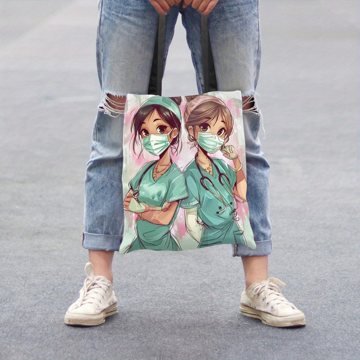 Large Capacity Shoulder Bag with Cartoon Nurse Print for Shopping and Daily Use