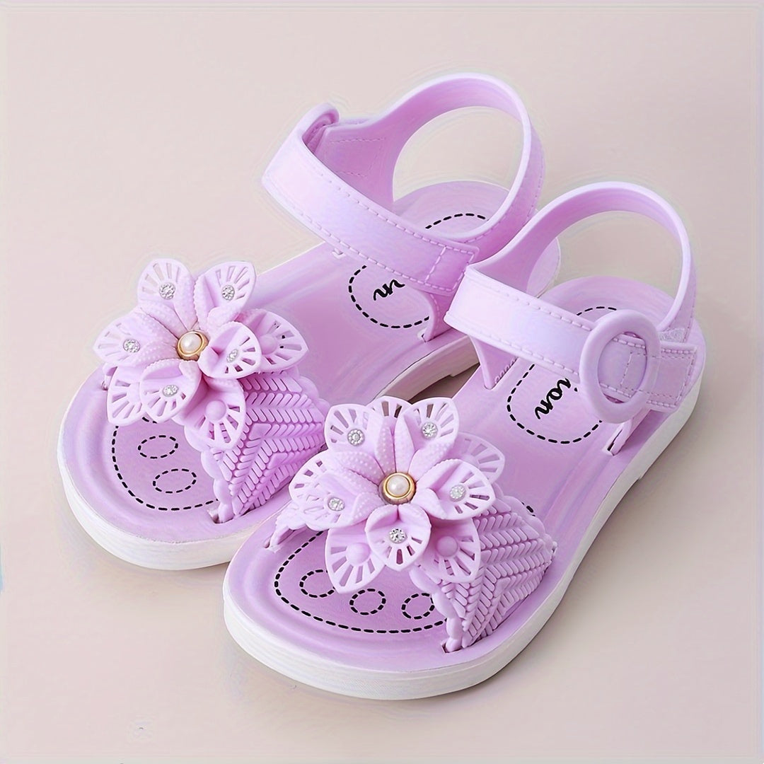 Girls' Floral Princess Shoes Summer 2025 PVC Flexible Sole Hook-and-Loop Pink Purple