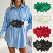 Black Floral Corset Belt with Red Elastic and Bold Buckle for Women