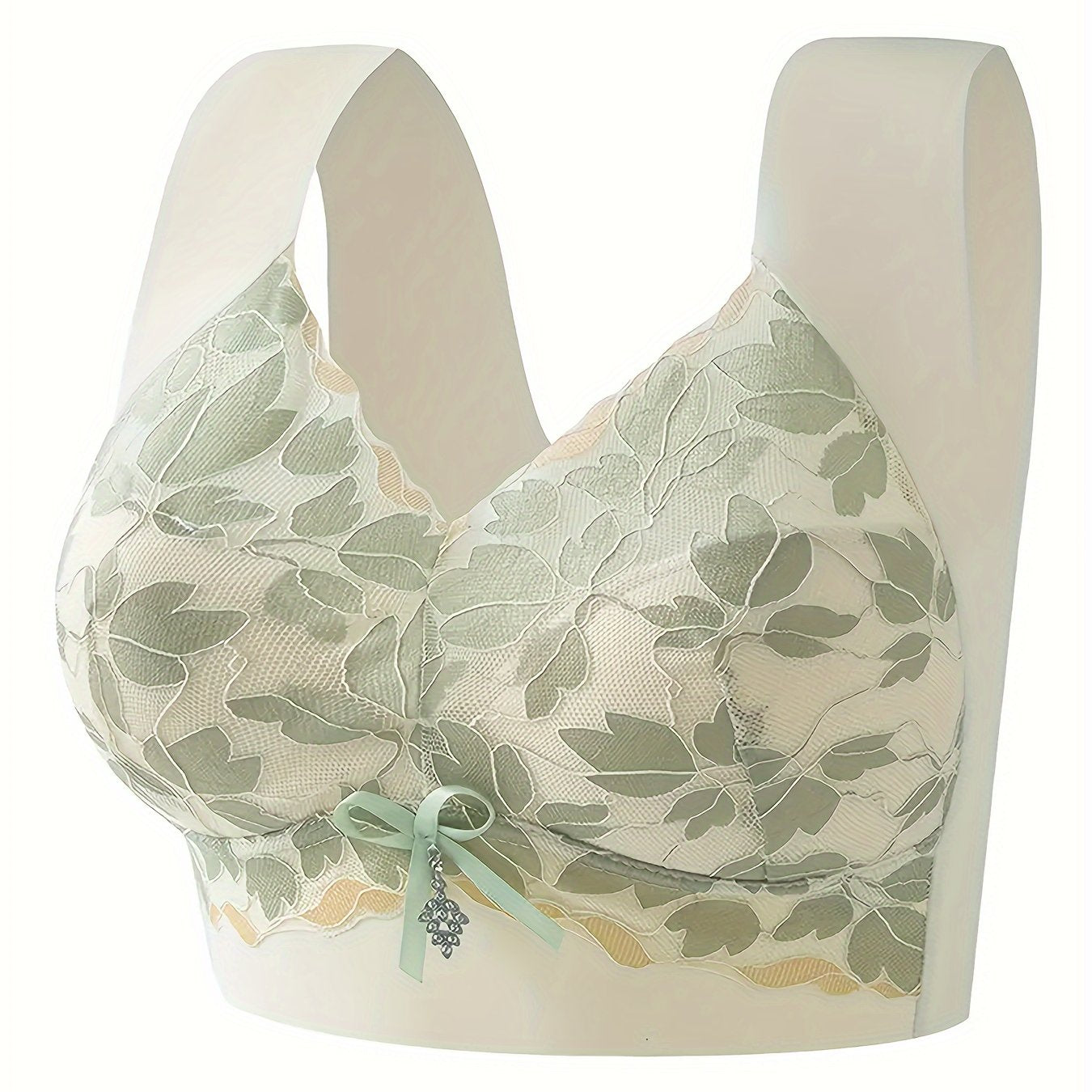 Lingerie Leaf Lace Bra with Bow Accents Wireless Push-Up Wide Strap