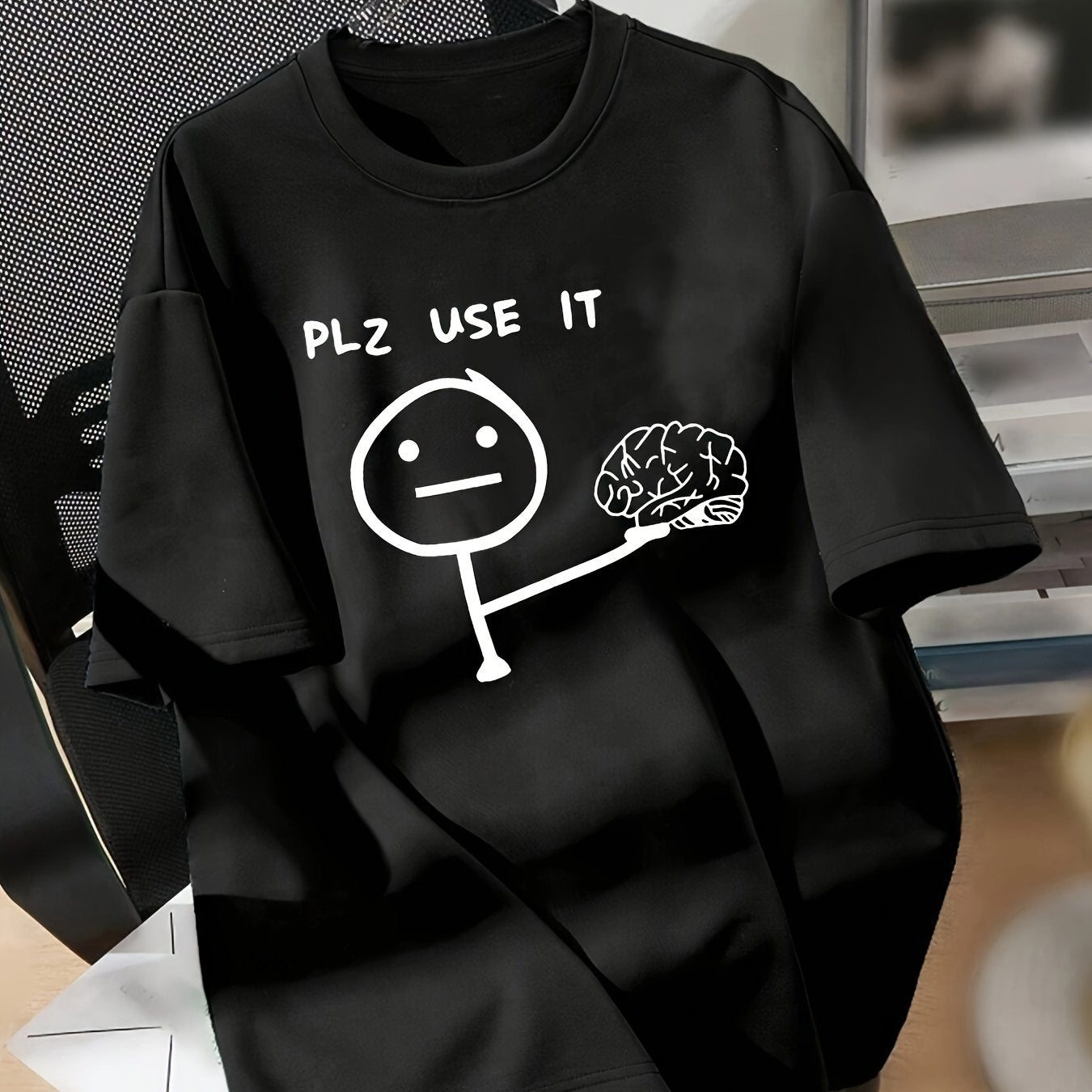 Women's Casual Graphic T-Shirt with "Plz Use It" Cartoon Brain Design Short Sleeve Crew Neck Polyester Spandex Relaxed Fit