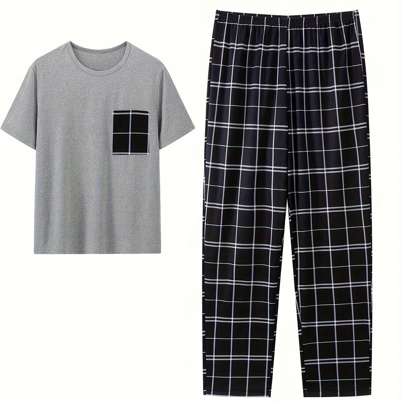Men's Polyester Pajama Set with Gray Short Sleeve Tee and Checkered Long Pants