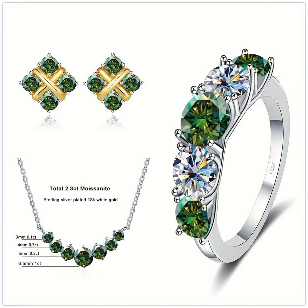 Sterling Silver 4-Piece Jewelry Set with Moissanite Necklace Earrings Ring Gift for Holidays