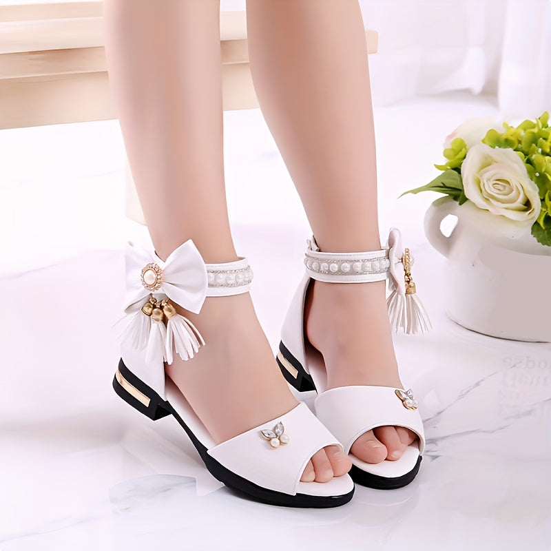 Girls Summer Open Toe Sandals with Bowknot Low Top PU Material for Vacation and Casual Wear