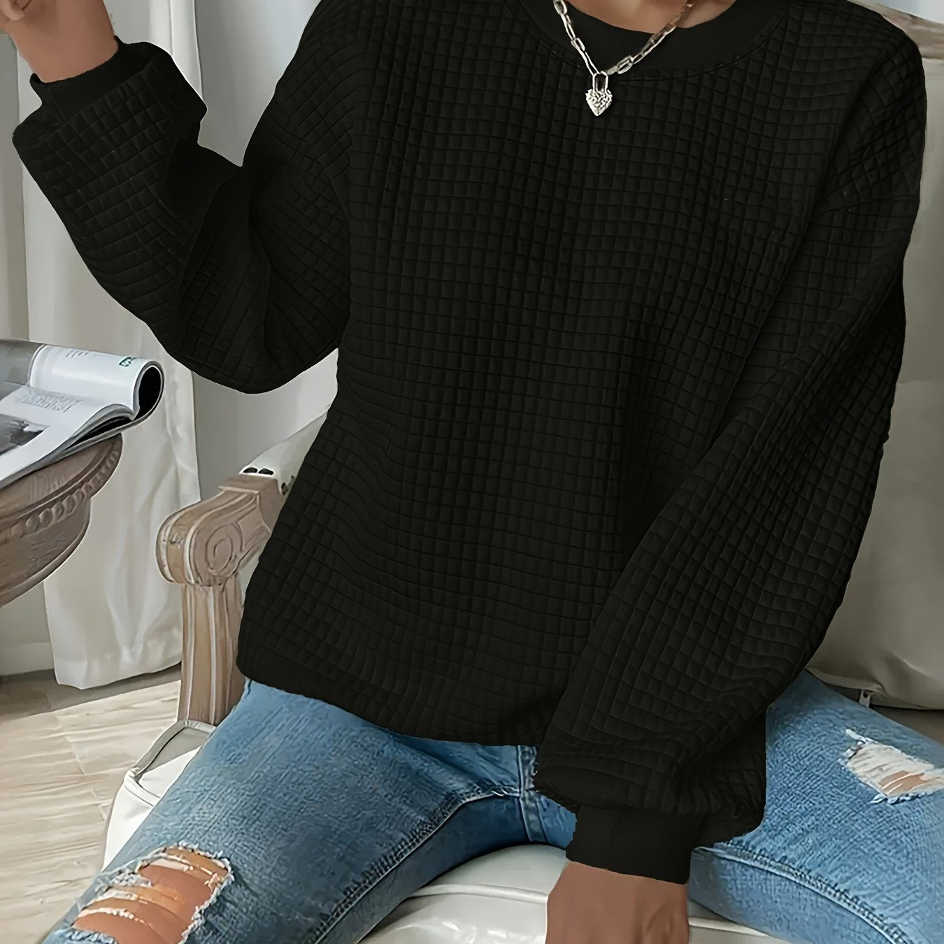 Ayollar uchun kattaroq o'lchamdagi waffle mato bilan tikilgan sport ko'ylagi, kundalik polyester pullover, dumaloq bo'yin bilan