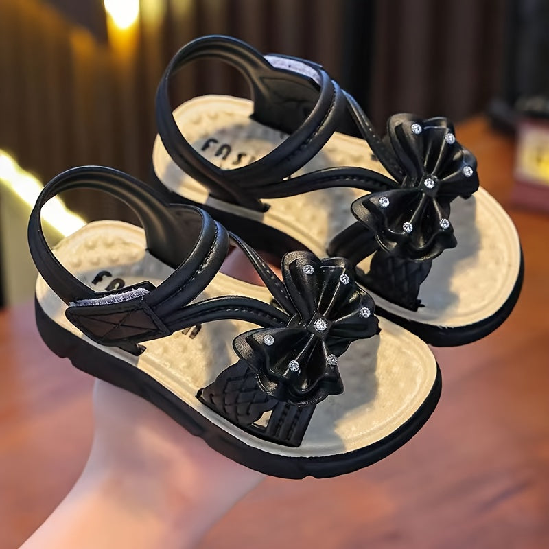 Girls' Sandals with Bowknot Summer 2024 Low Top Breathable Beach Footwear Black White Pink Cream