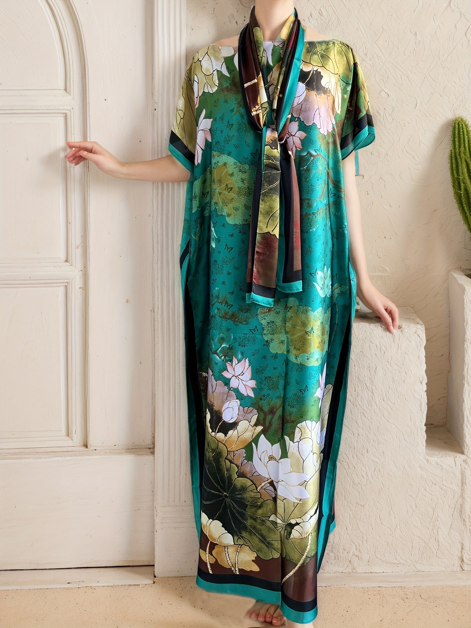 Plus Size Floral Print Maxi Dress With Scarf Loose Fit Short Sleeve All-Season