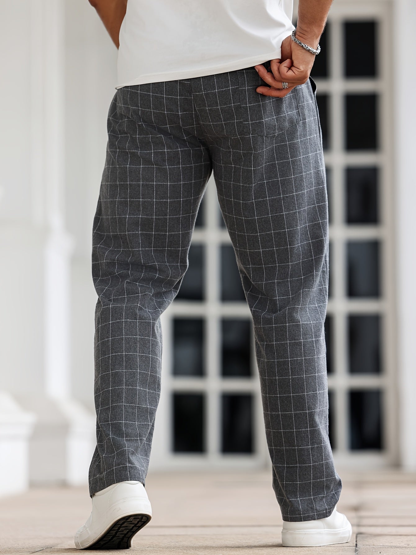 Men's Black and White Plaid Sleep Pants with Drawstring Polyester Lounge Casual