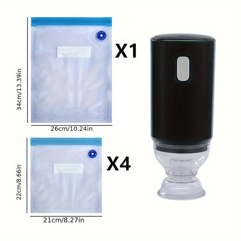 1 USB-заряжаемый электрический вакуумный запайщик и 5 вакуумных пакетов для хранения продуктов: 4 пакета размером 21 см x 22 см и 1 пакет размером 26 см x 34 см. Пакеты можно использовать повторно, они сохраняют продукты свежими дольше.