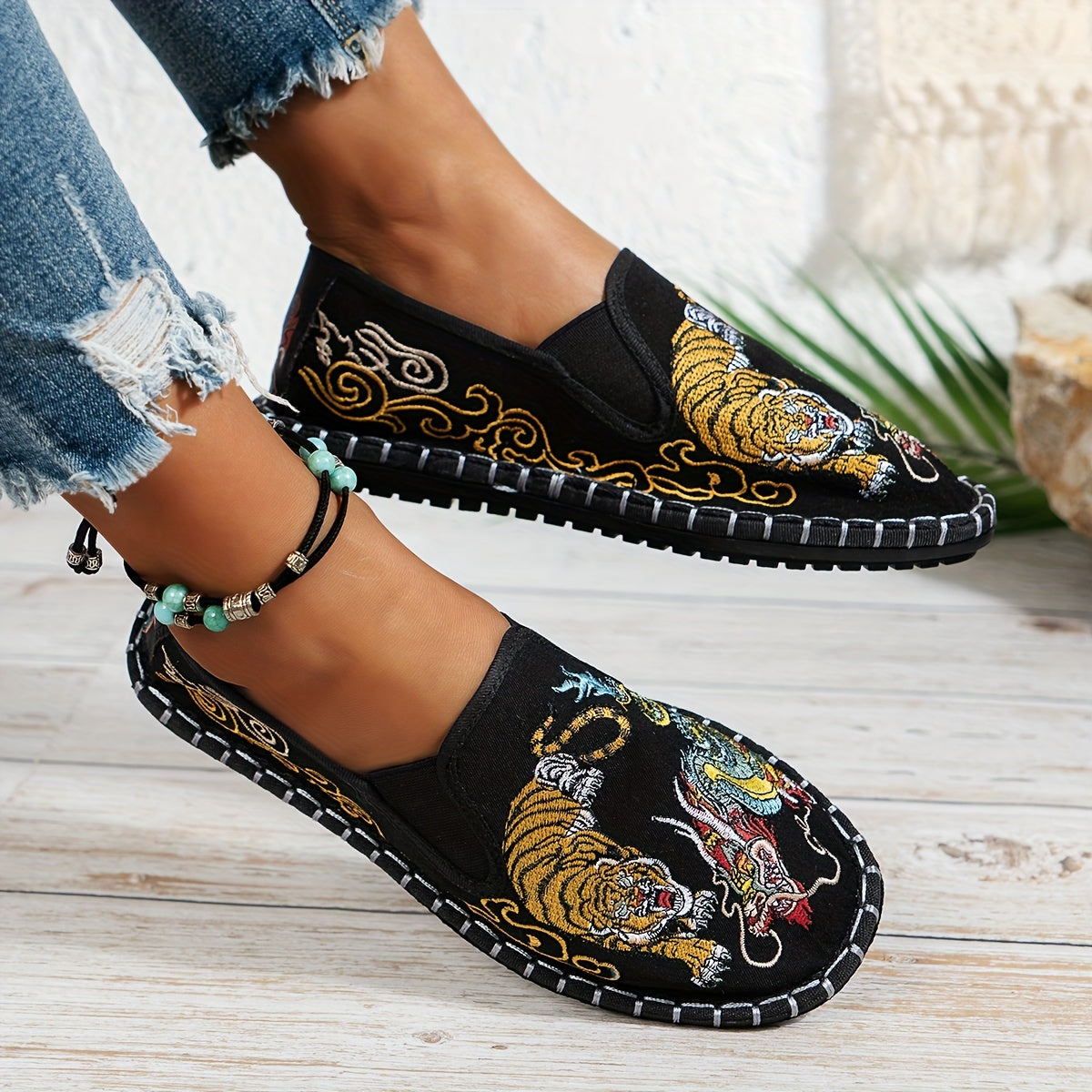 Women's Embroidered Animal Print Slip-On Flats Blue and Gold