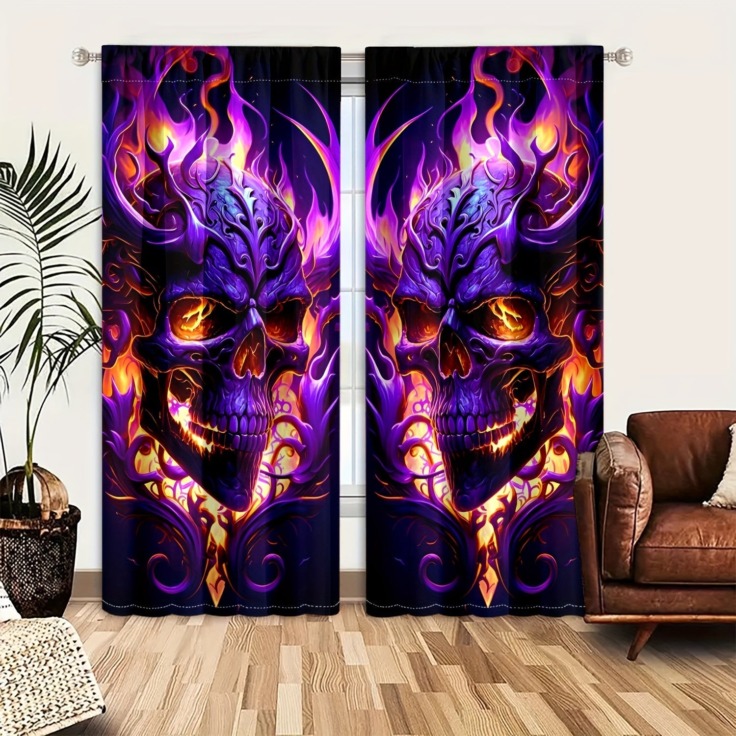 Semi-Transparent Halloween Skull and Butterfly Chrysanthemum Curtains Set of 2 Privacy Drapes for Living Room Bedroom