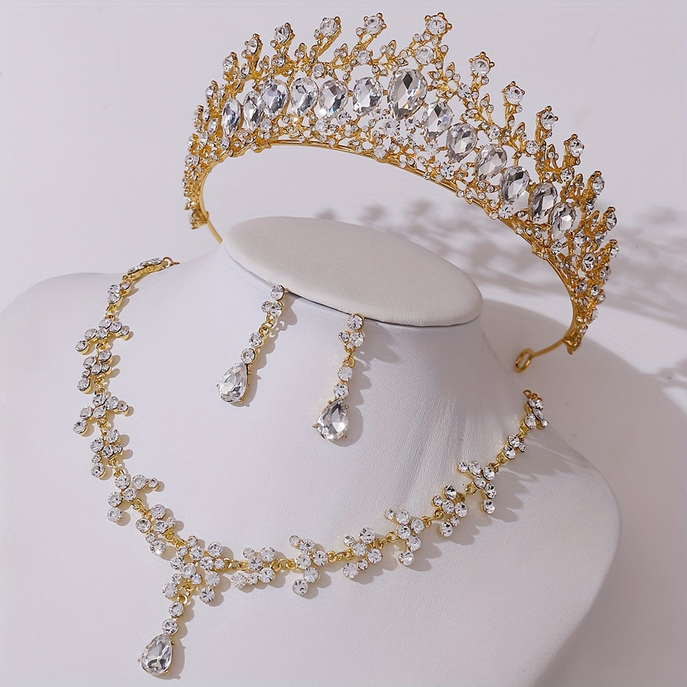To'ylar uchun Bridal Rhinestone Crown Jewelry Set Tiara Necklace Earrings