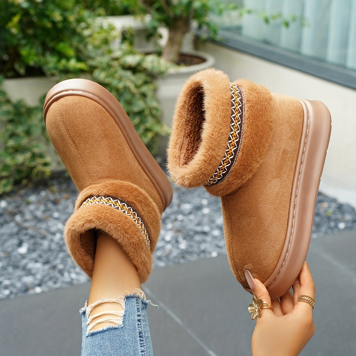Women's Autumn Winter Solid Color Plush House Slippers Anti-Slip Comfort