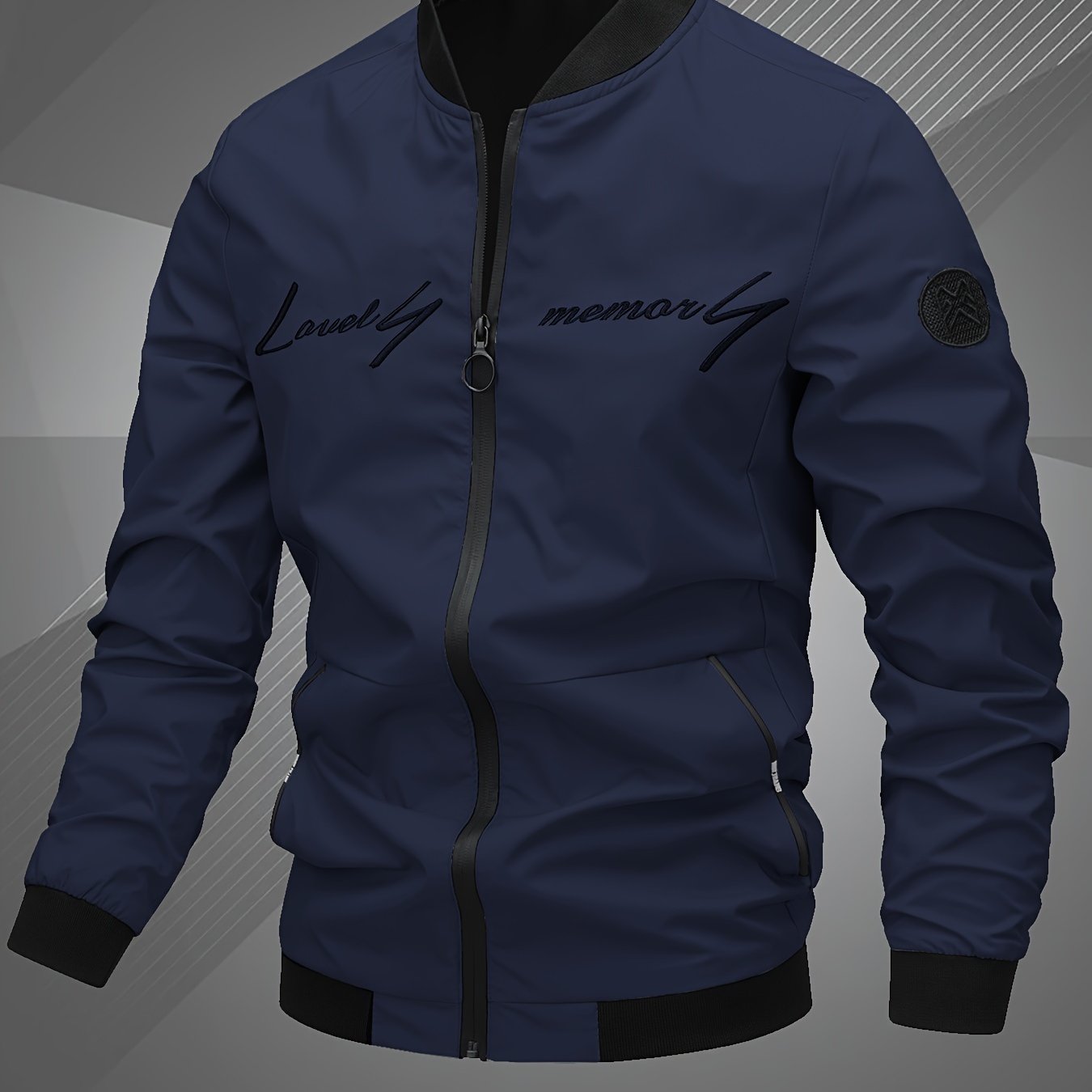 Chaqueta bomber de poliéster para hombre con letras bordadas, con cremallera, casual, deportiva