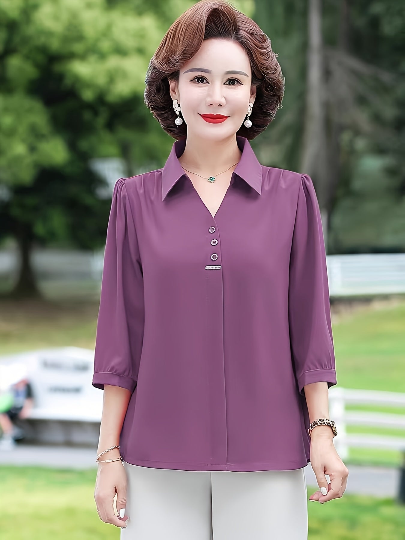 Women's Purple Chiffon Blouse with 3/4 Sleeves, Slim Fit, Decorative Buttons