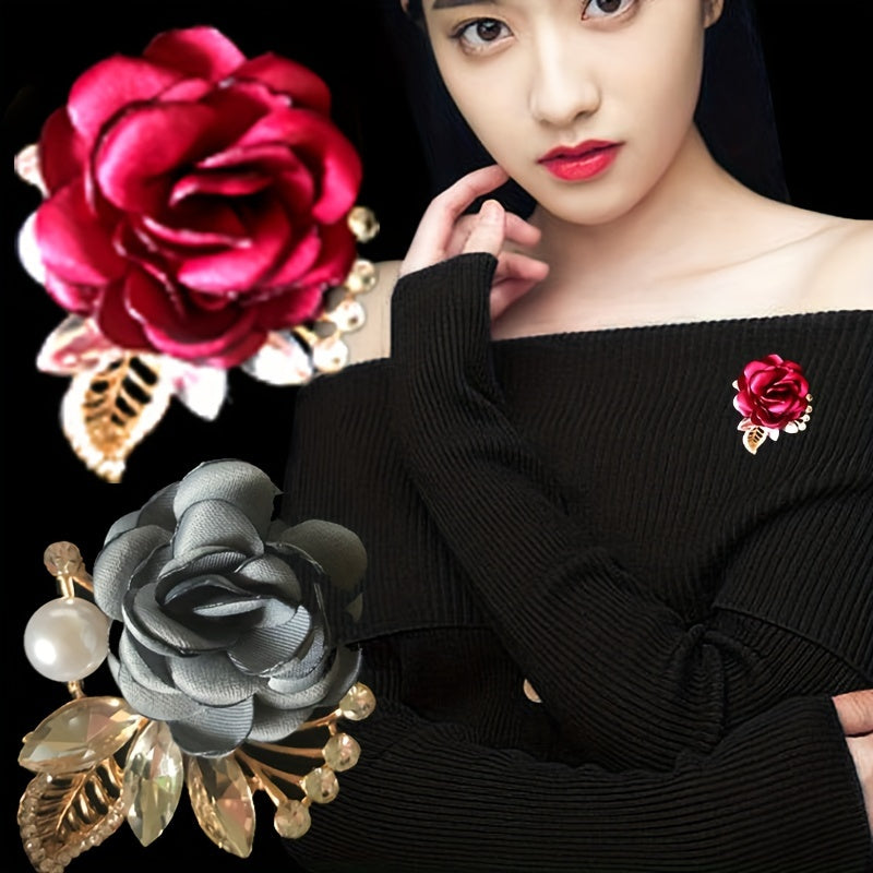 Metal Flower Brooch Pin with Rhinestones and Pearl Details Red and Grey Rose Design Gift Box Fashion Accessory