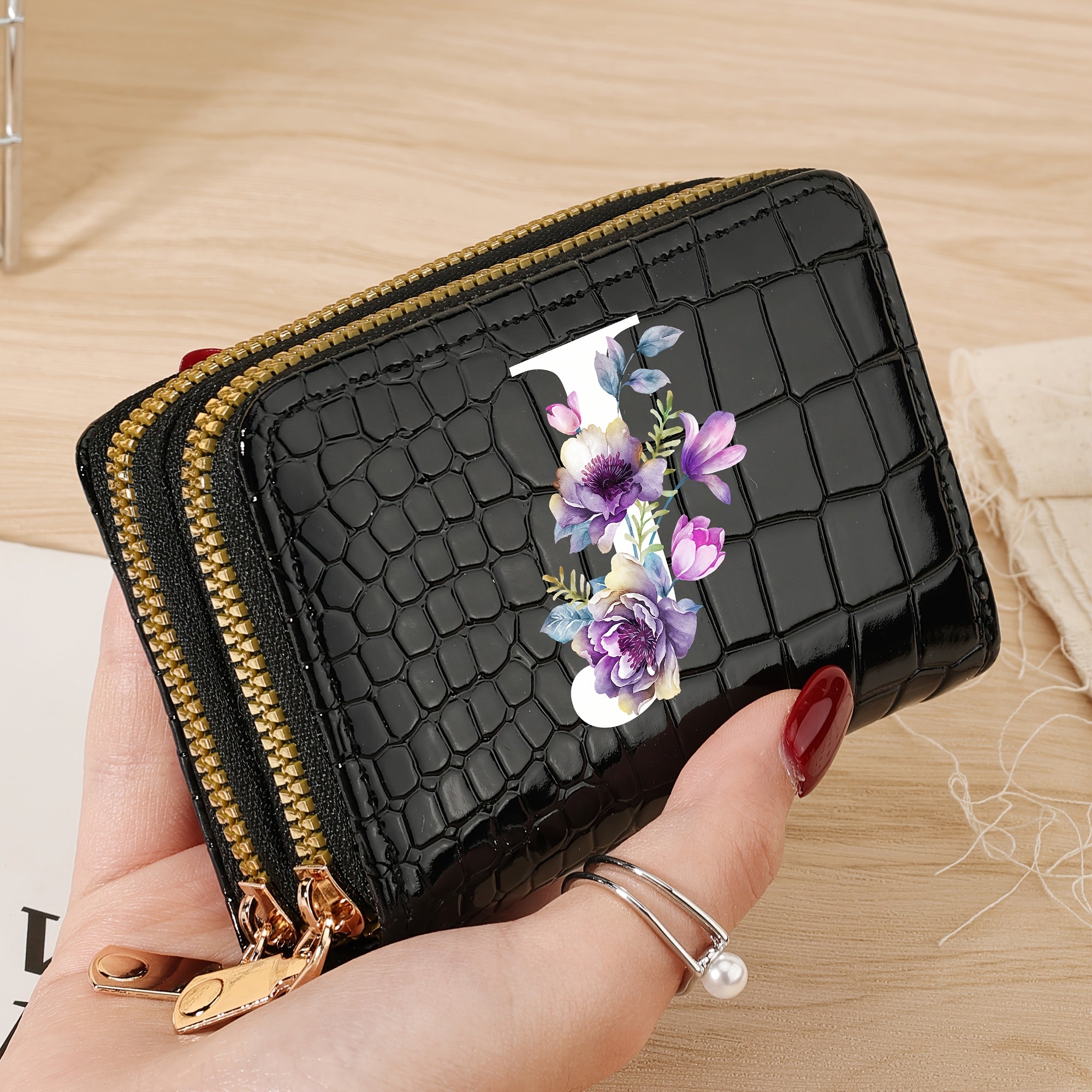 Minimalist Floral Credit Card Holder with Zipper Coin Purse for School and Back-to-School Supplies