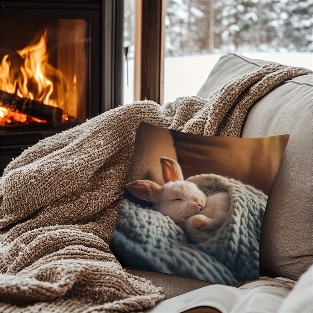 Reversible Christmas Bunny Pillowcase Polyester Cushion Cover for Home and Office