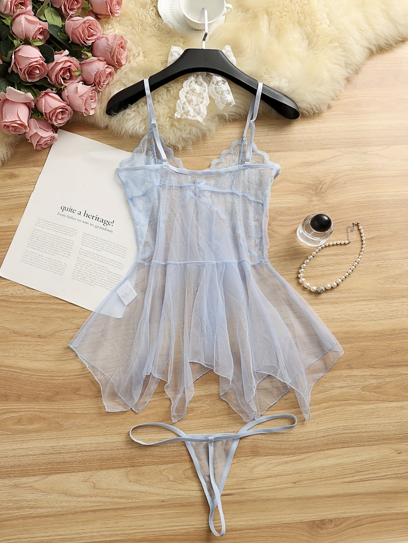 Sheer Lace Ruffle Sleepwear Set for Women with Matching Thong
