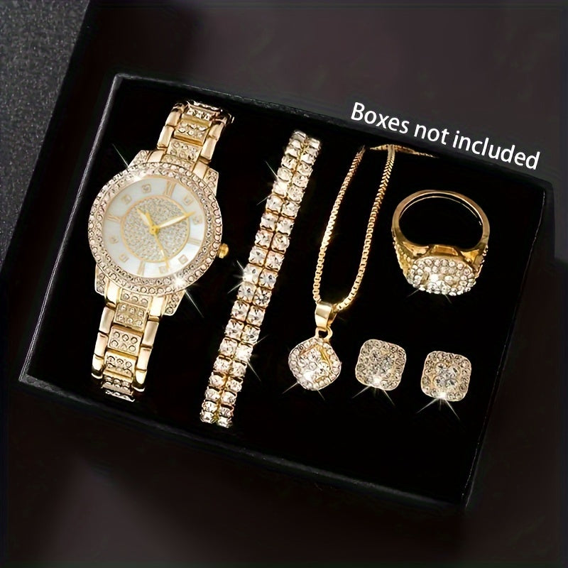 Women's Gold Quartz Watch Jewelry Set with Minimalist Wristwatch Necklace Bracelet Ring Earrings