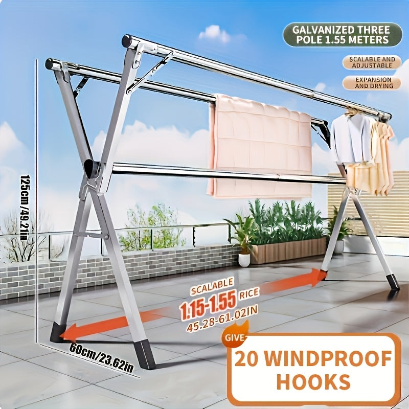 Foldable Metal Clothes Drying Rack with Adjustable Double Rods and Windproof Hooks