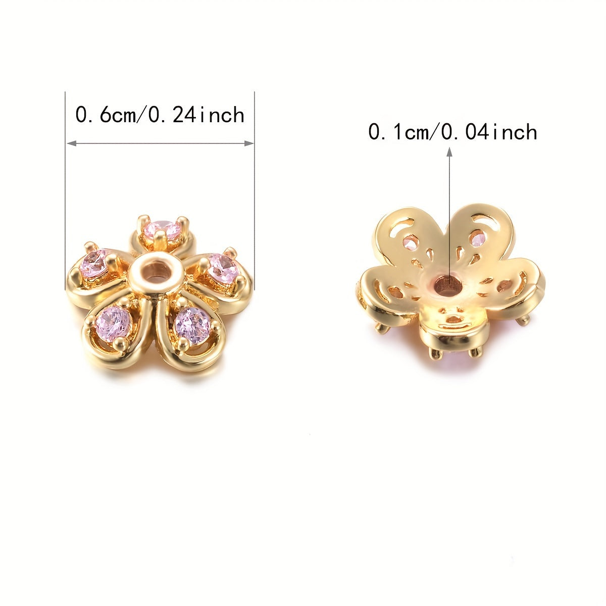 Brass Flower Bead Caps Set of 20 with Synthetic Cubic Zircons 6mm 8mm 10mm