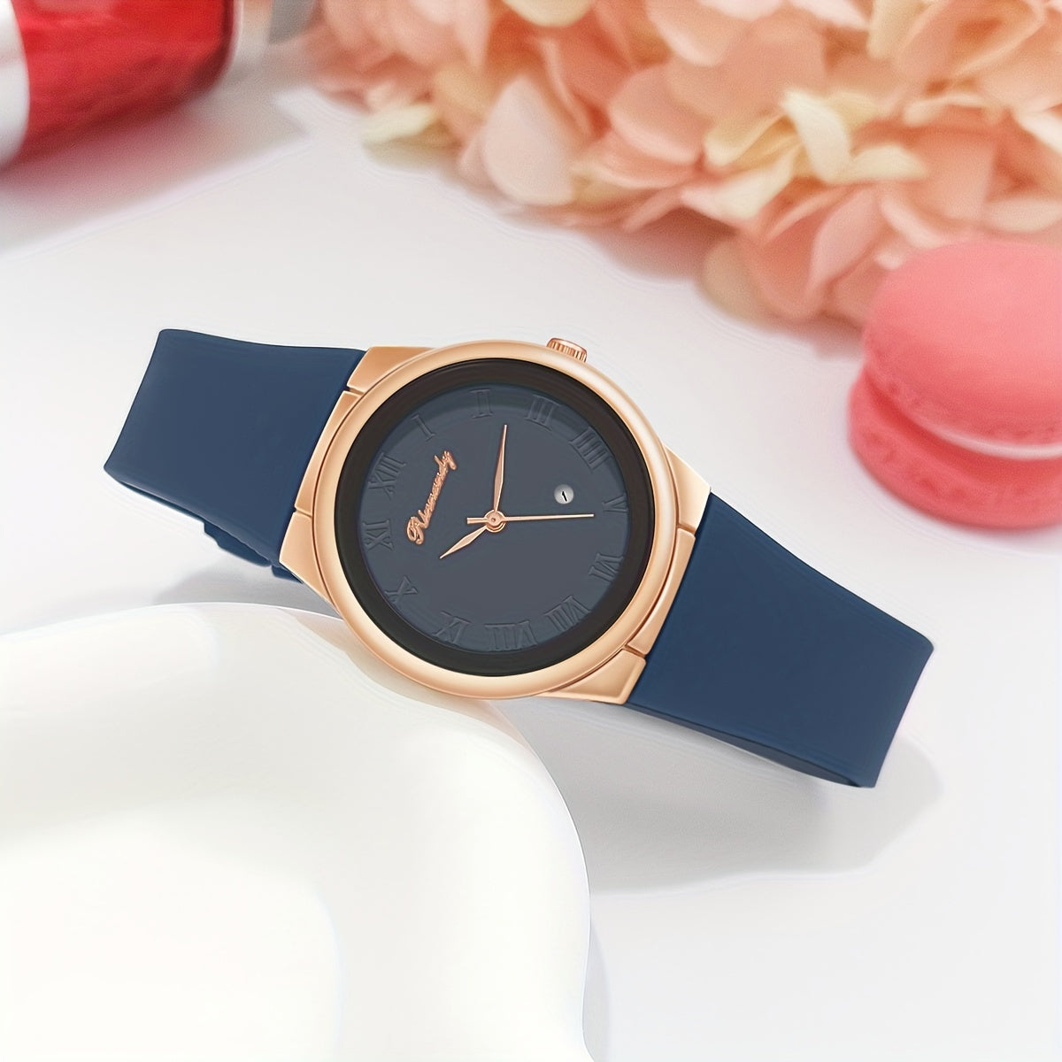 Women Quartz Watch with Silicone Band and Analog Calendar